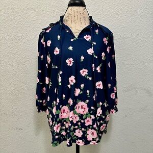 Navy Floral Blouse with Pink Accents